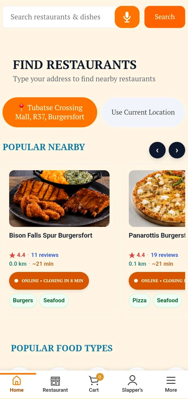 Mzansi Food restaurant discovery and ordering interface